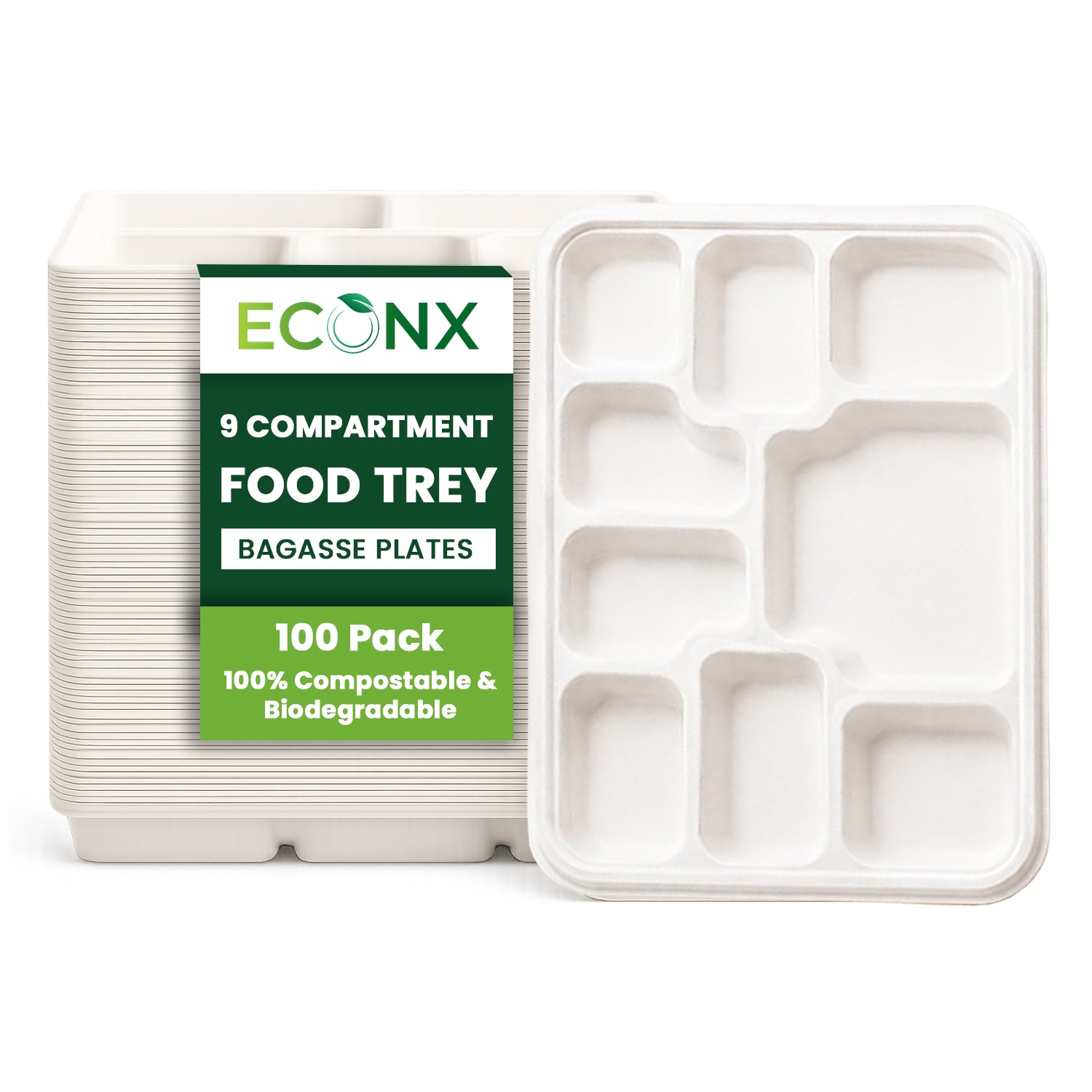 ECONX 9 Compartment Dinner Plates Bagasse Paper Trays Disposable Party Plate in White | Size: 100 Pieces