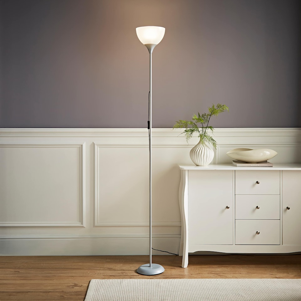 image 1 of ValueLights Dalby Chrome Single Uplighter Floor Lamp White Shade | Silver