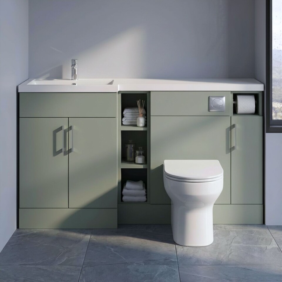 image 1 of Balterley Wichnor Floor Standing 3 Door, Open Shelf Vanity Basin WC Unit with Toilet Roll Holder and Polymarble Basin, 1500mm, Left Hand, Fern Green