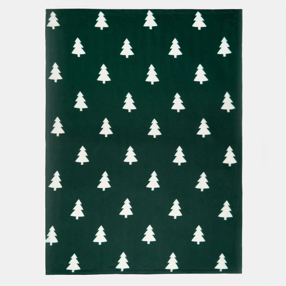 image 1 of OHS Christmas Tree Print Polar Fleece Blanket Throw, 120x150cm - Green