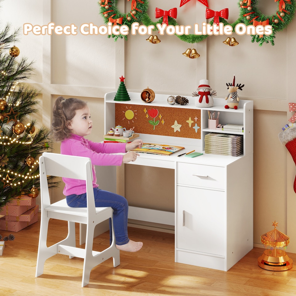 image 1 of COSTWAY Kids Study Desk and Chair Set Wooden Children Writing Table-White