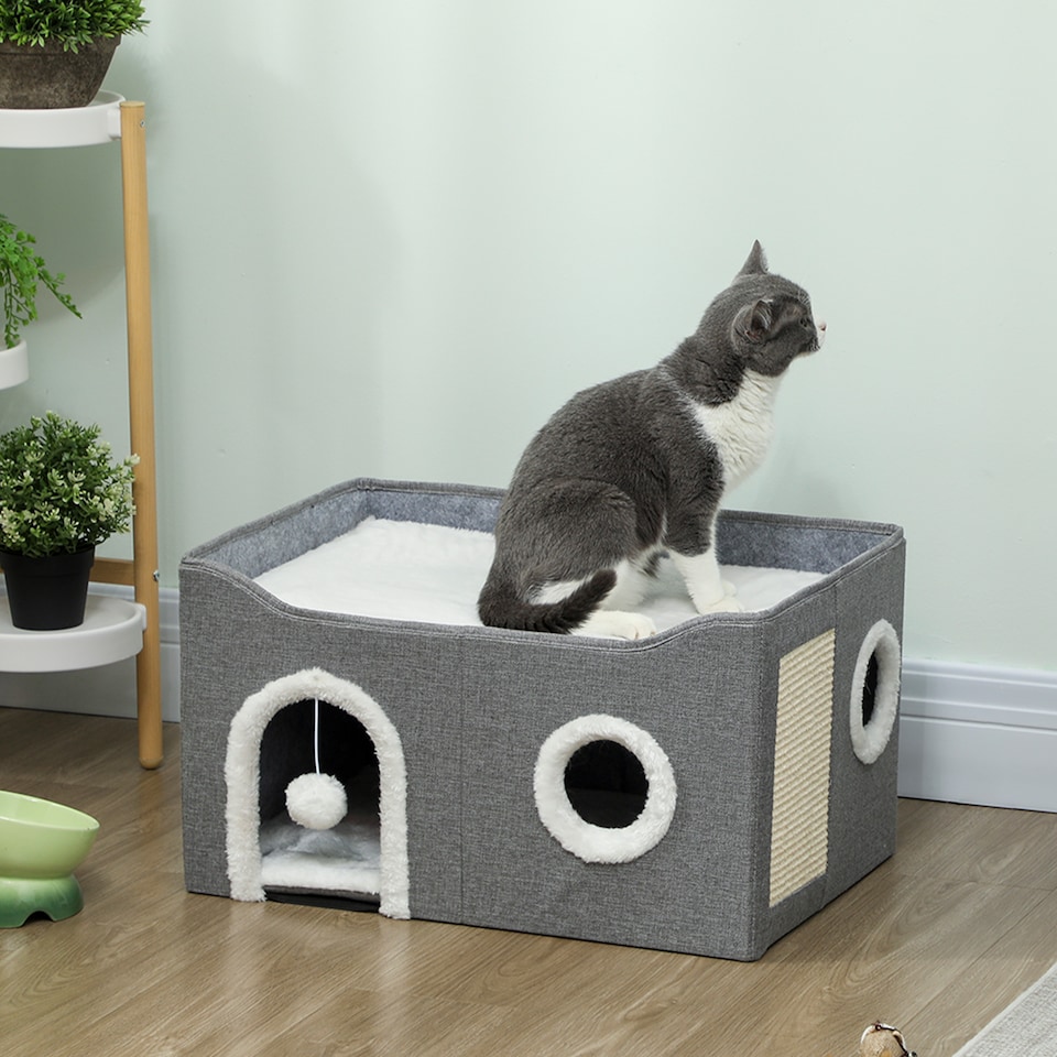 image 1 of PawHut Cat Cave with Fluffy Ball and Scratch Pad for Indoor Pets