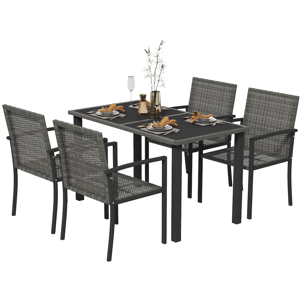 image 1 of Outsunny 4 Seater Rattan Dining Set with Rectangular Glass Top Table and 4 Armchairs, PE Rattan Garden Furniture Set, Outdoor Dining Table and Chairs for Patio, Balcony, Terrace, Grey