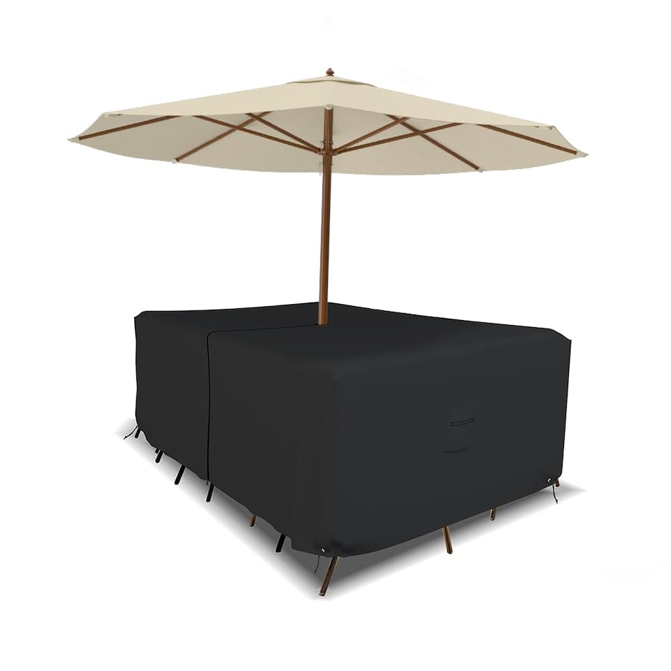 image 1 of Covers&All Rectangle Table & Chair Set Cover, Umbrella Hole, 12 Oz Waterproof UV & Weather Resistant, 108 in L x 82 in W x 23 in H, Black