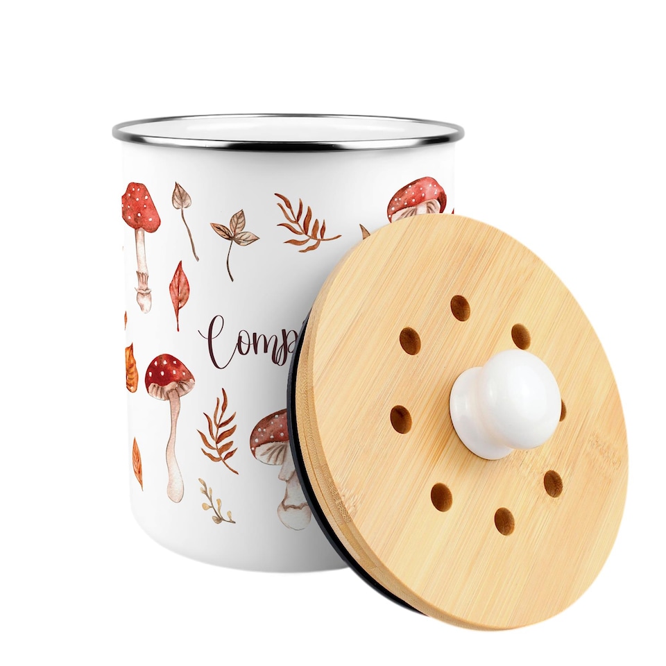 image 1 of Watercolour Mushrooms Compost Caddy - Metal 2L Decorative Kitchen Food Waste Bin