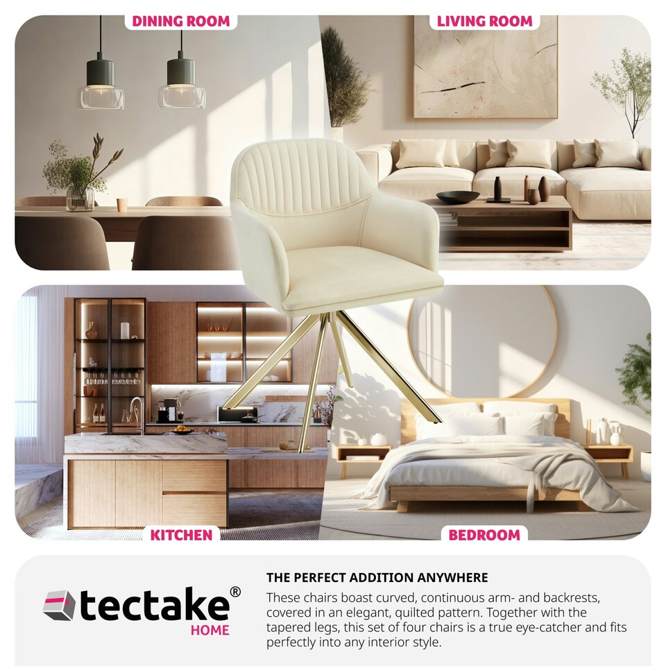 image 1 of Lounge Armchair Living Room Accent Chair 360 Swivel Slim Steel Legs Velvet Fabric - Set of 4 Cream | Cream/Gold