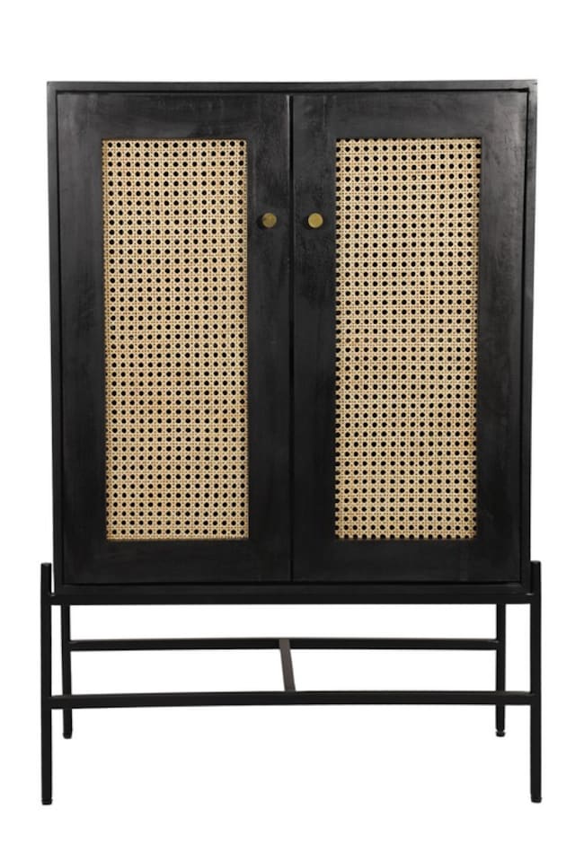 image 1 of Rattan 2 Door Highboard Cabinet - Mango Wood/Iron - L45 x W80 x H120 cm - Black Finish with Natural Rattan - Assembly Required