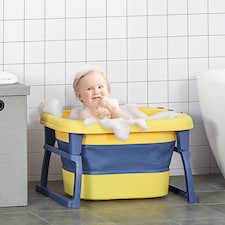 HOMCOM Foldable Baby Bathtub for Newborns Infants Toddlers w Stool - Yellow