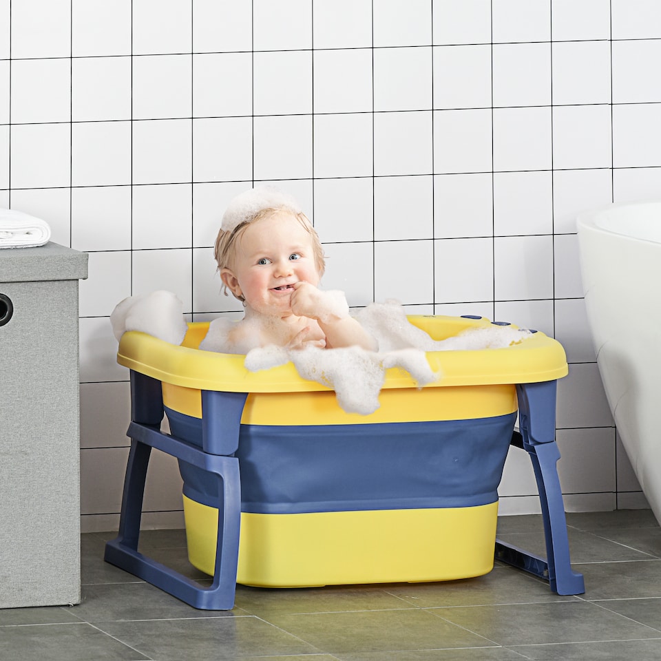 image 1 of HOMCOM Foldable Baby Bathtub for Newborns Infants Toddlers w Stool - Yellow