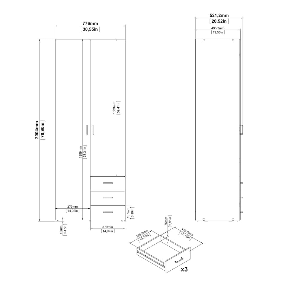 image 1 of Space Wardrobe 2 Doors 3 Drawers in White 2000