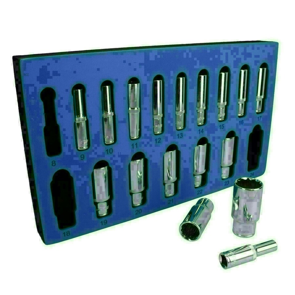 image 1 of 3/8" Drive Double Deep Metric MM Sockets 12 Sided Bi-Hex 8mm - 24mm 17pc