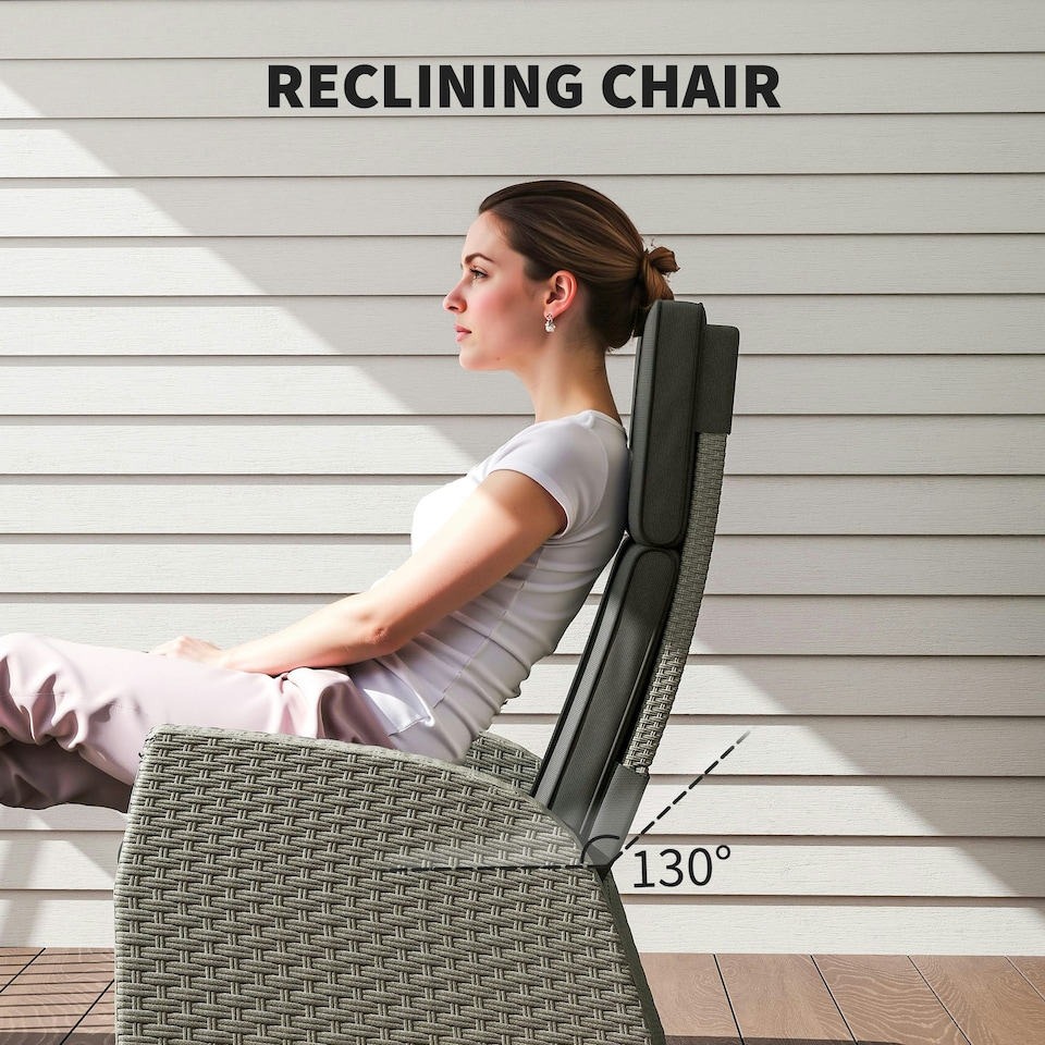 image 1 of Outsunny 5 Piece Rattan Garden Furniture Set, Garden Reclining Rattan Chairs Set of 2 with Wood-Plastic Composite Table, Footstools and Thick Cushions for Balcony, Patio, Charcoal Grey