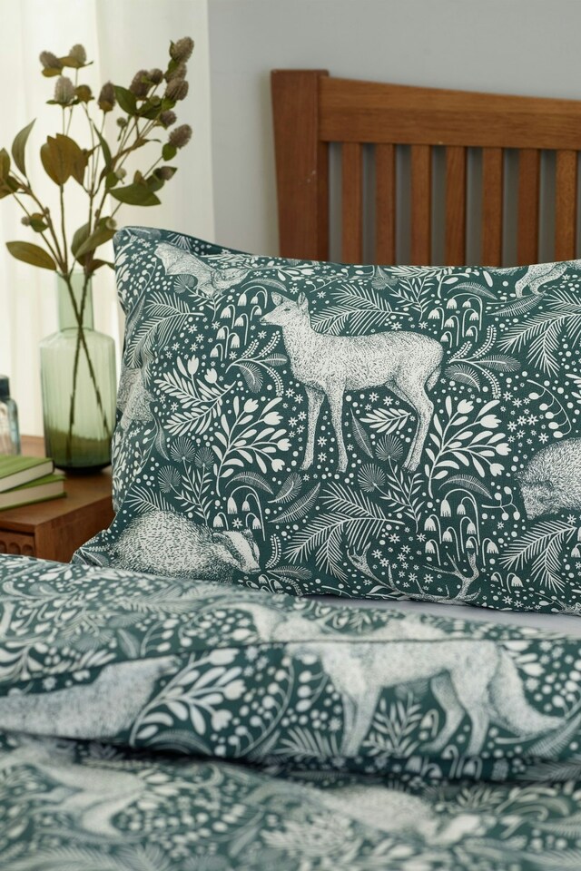 image 1 of Woodland Folk Cotton Blend Duvet Cover Set – Forest Print Bedding | Green | Double