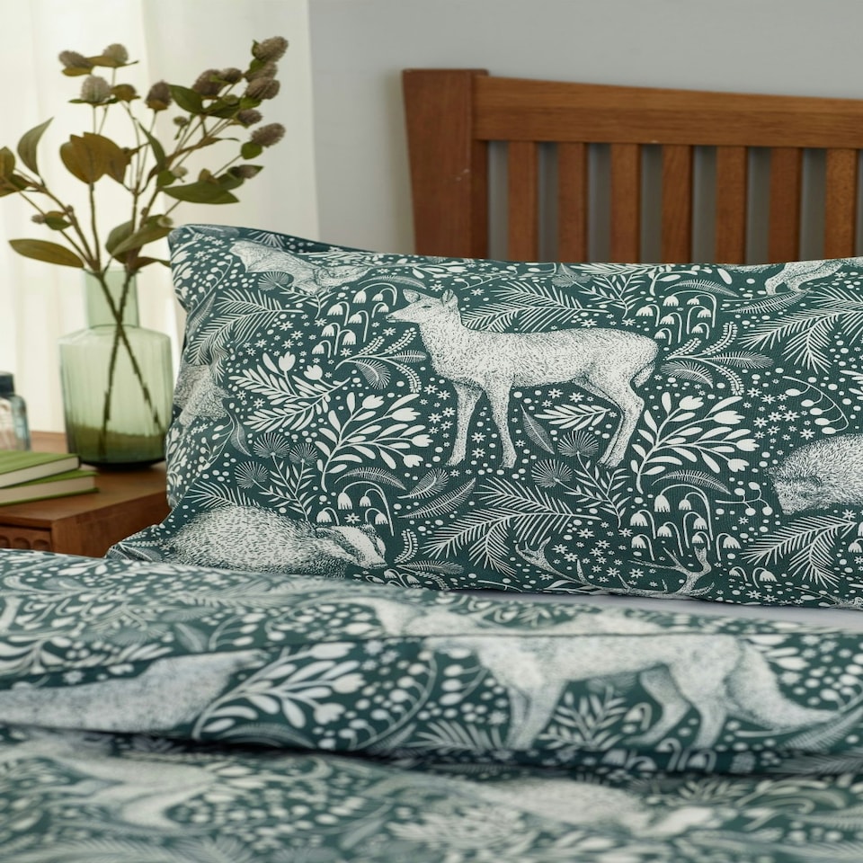 image 1 of Woodland Folk Cotton Blend Duvet Cover Set – Forest Print Bedding | Green | Double