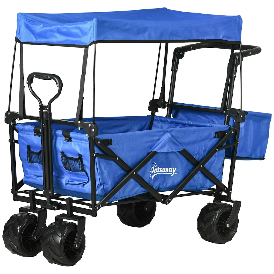image 1 of Outsunny Outdoor Push Pull Wagon Trolley Cart with Canopy Top - Blue