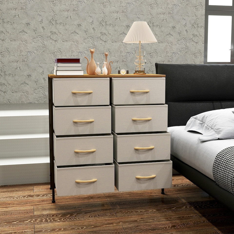 image 1 of HOMCOM 8 Drawer Fabric Chest of Drawers w/ Wooden Top for Hallway Cream 