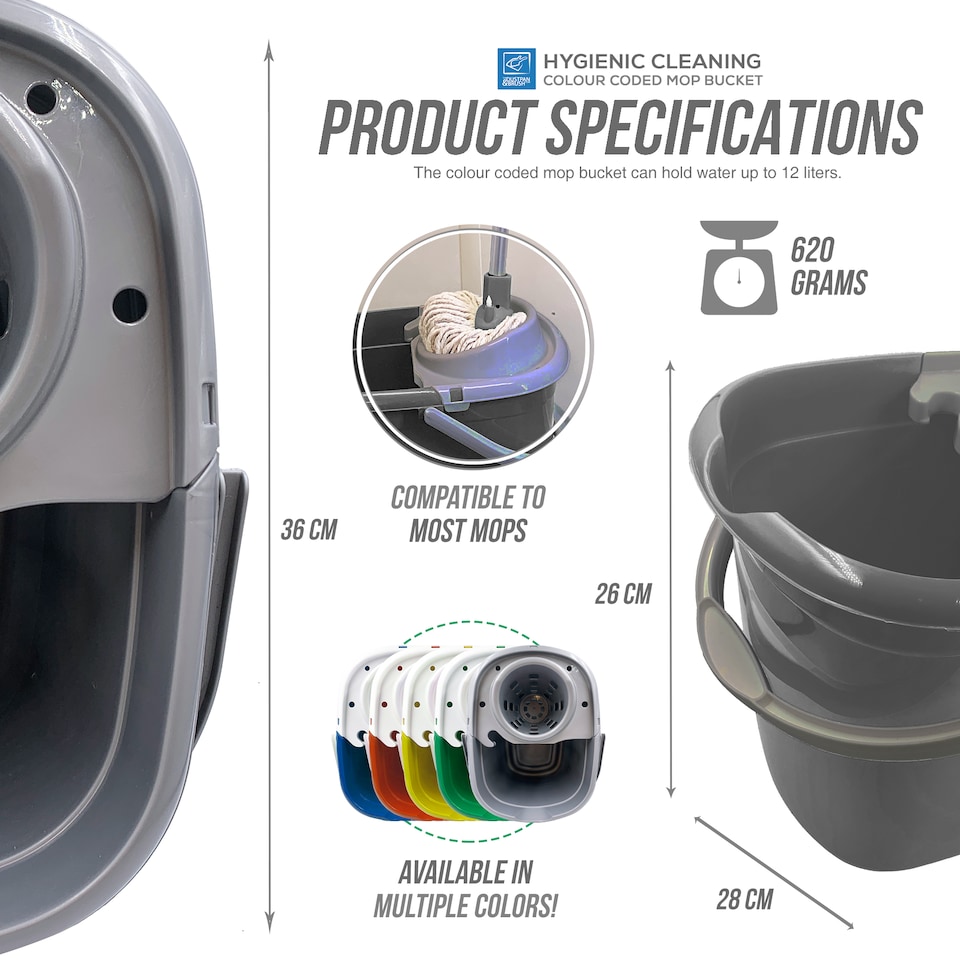 image 1 of Colour Coded Mop Bucket with Removable Wringer 12L Heavy Duty Plastic Cleaning Bucket for Home Kitchen and Catering