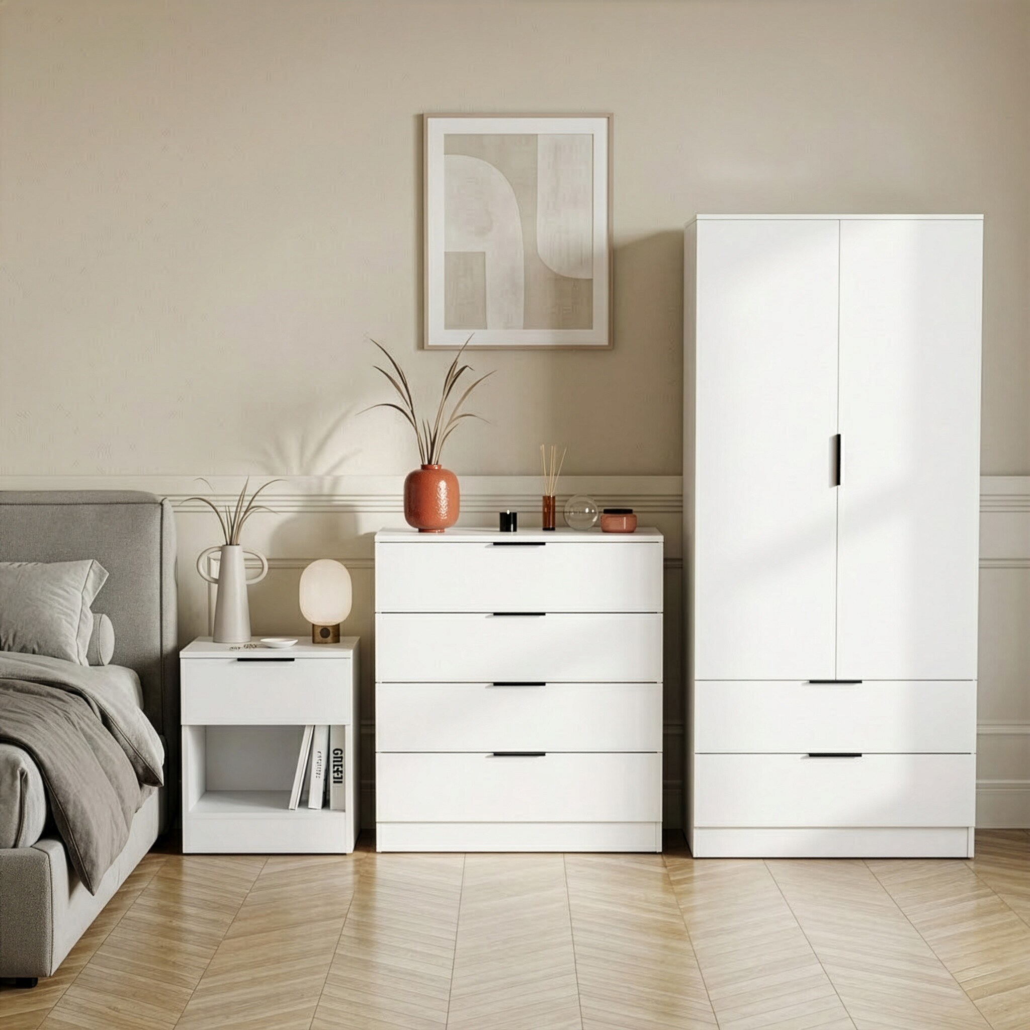 Vida Designs Trega 3 Piece Bedroom Set (1 Drawer Bedside Chest, 4 Drawer Chest, 2 Door 2 Drawer Wardrobe) White