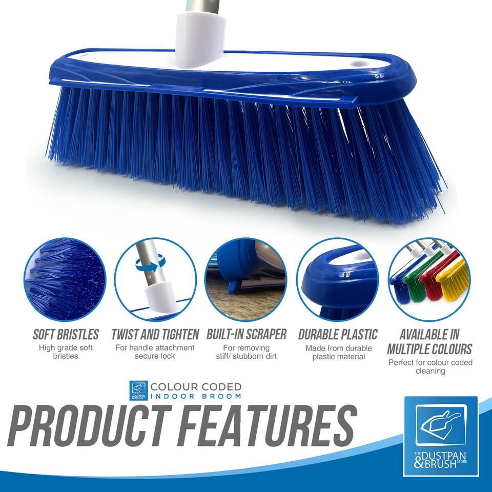 image 1 of TDBS Colour Coded Indoor Sweeping Broom with Scraper