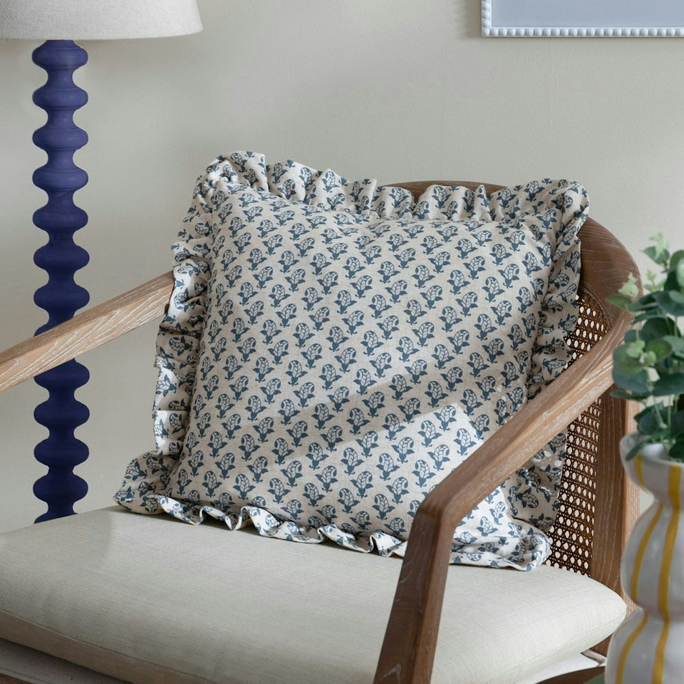 image 1 of furn. Lulah Block Printed Ruffle Linen/Blue Cushion Cover 45 x 45cm Multi