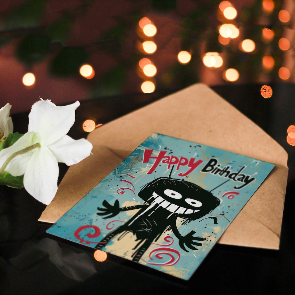 image 1 of Creepy Stick Man Birthday Card Weird Messy Drawing for Him