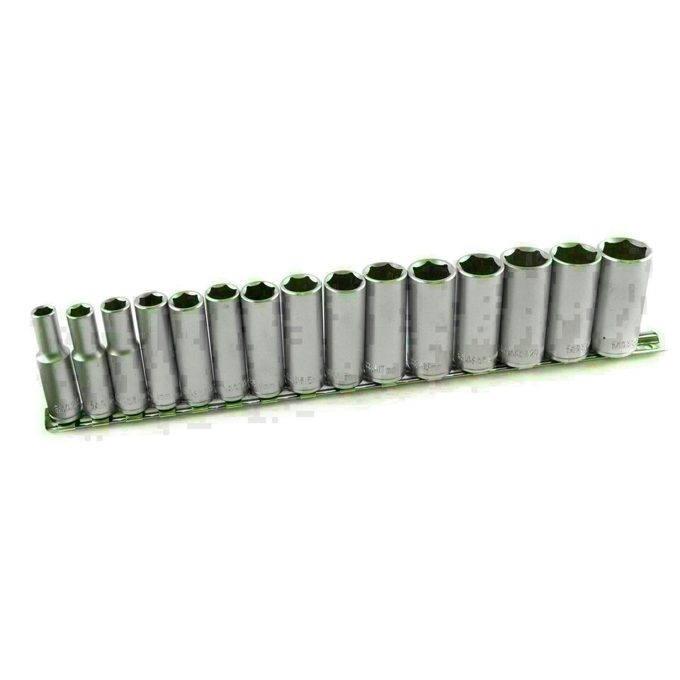 image 1 of 15pc 3/8" dr Deep Reach CRV Sockets On Rail 8-22mm Hex 6 Point Metric TE917