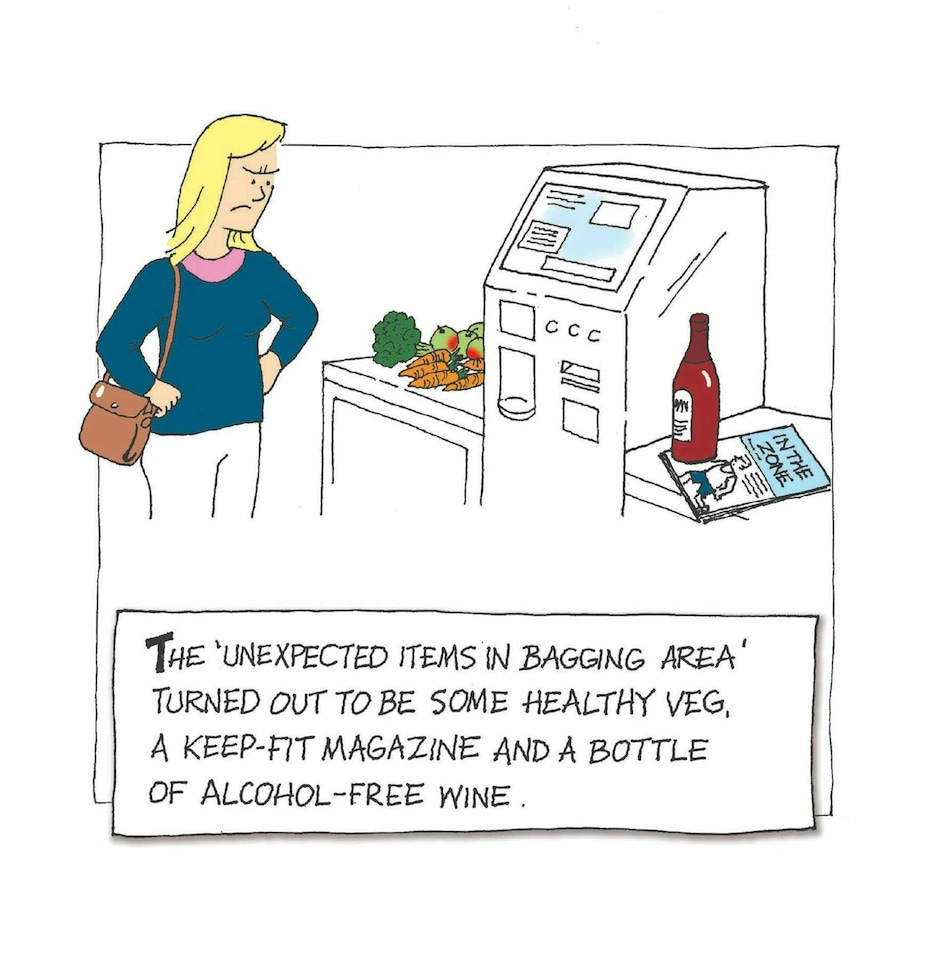 Emotional Rescue Artistic Open Funny Blank Greeting Card - 'Unexpected Items In Bagging Area' - Self Service Checkout
