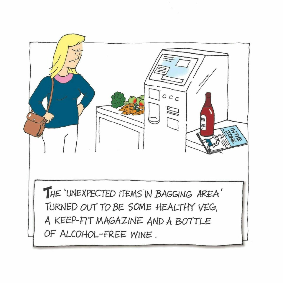 Emotional Rescue Artistic Open Funny Blank Greeting Card - 'Unexpected Items In Bagging Area' - Self Service Checkout