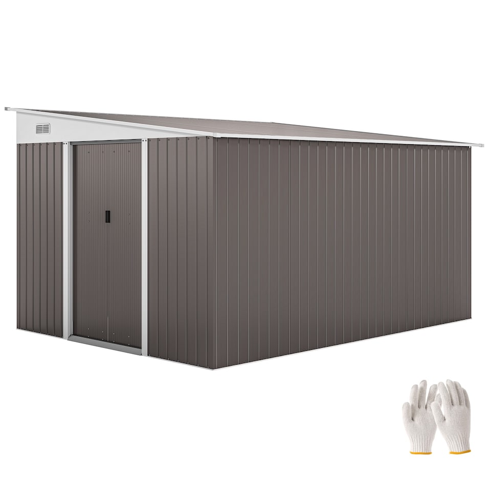 image 1 of Outsunny 11.3 x 9.2ft Lean to Metal Garden Shed, Outdoor Galvanised Tool Storage House with Double Sliding Doors and 2 Air Vents, Grey