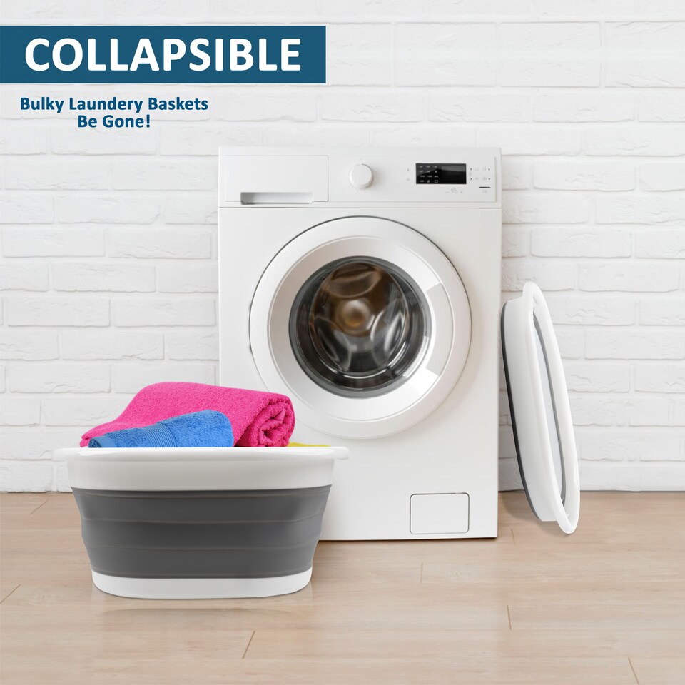 image 1 of Crystals Large Collapsible Fold Able Laundry Basket Pop Up Clothing Washing Storage For Bedrooms Laundry Room Bathroom (Oval Grey) | Grey | white