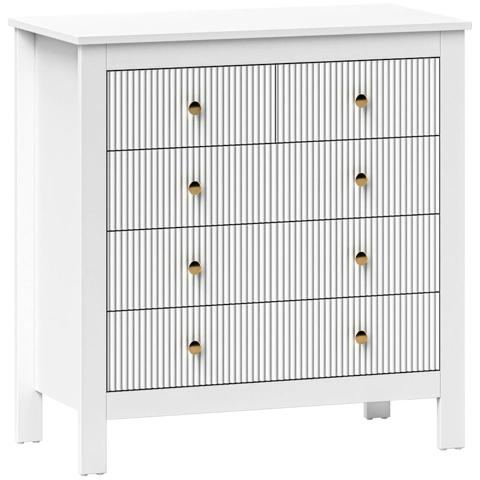 image 1 of HOMCOM Fluted Bedroom Chest of Drawers w/ 5 Drawers Gold Tone Handles White