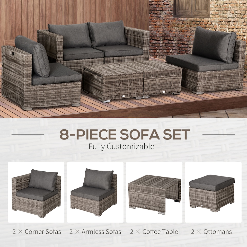image 1 of Outsunny 8 Pieces Rattan Garden Furniture Set, Garden Corner Sofa Set with 4 Chairs, 2 Footstools, 2 Coffee Tables and Cushions, Space-Saving Design, No Assembly Required, Grey