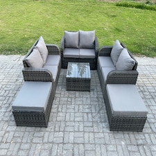Fimous 8 Seater High Back Rattan Garden Furniture Set with Square Coffee Table 2 Big Footstool Love Sofa Indoor Outdoor Patio Lounge Sofa Set Dark Grey Mixed
