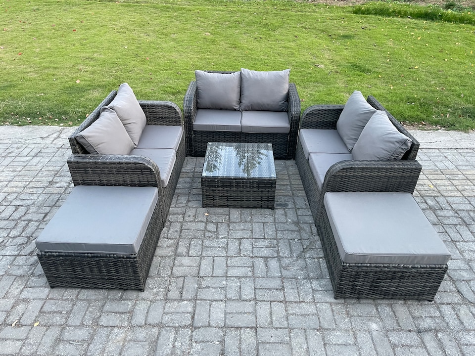 image 1 of Fimous 8 Seater High Back Rattan Garden Furniture Set with Square Coffee Table 2 Big Footstool Love Sofa Indoor Outdoor Patio Lounge Sofa Set Dark Grey Mixed