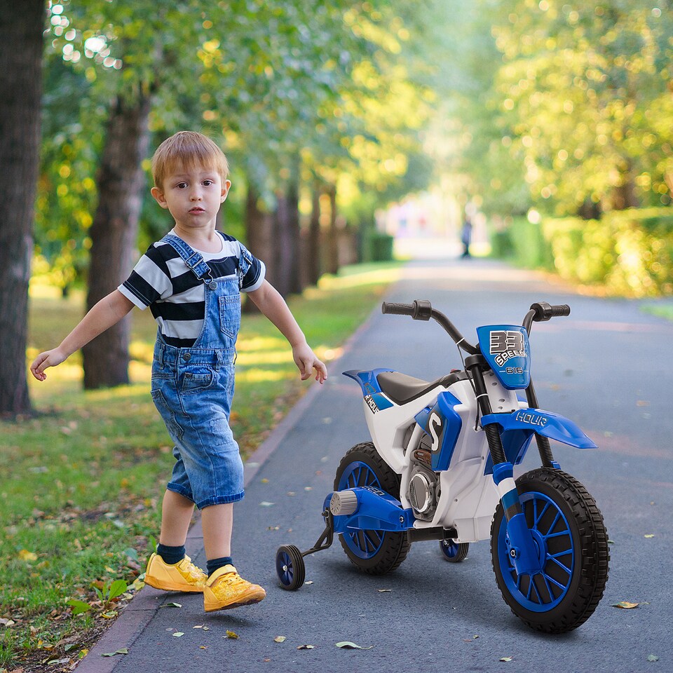 image 1 of HOMCOM Kids Electric Motorbike, 12V Battery Powered Kids Motorbike for Boys and Girls with Training Wheels, Start-up Button, Pedal, for Ages 3-5 Years - Blue