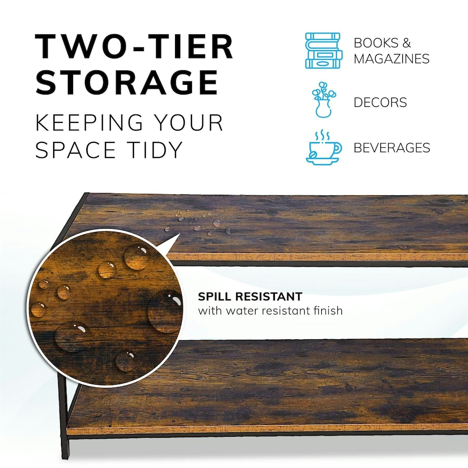 image 1 of Coffee Table Rustic Wooden Brown Grain Finish Living Room Storage Shelf 2 Tier Brown