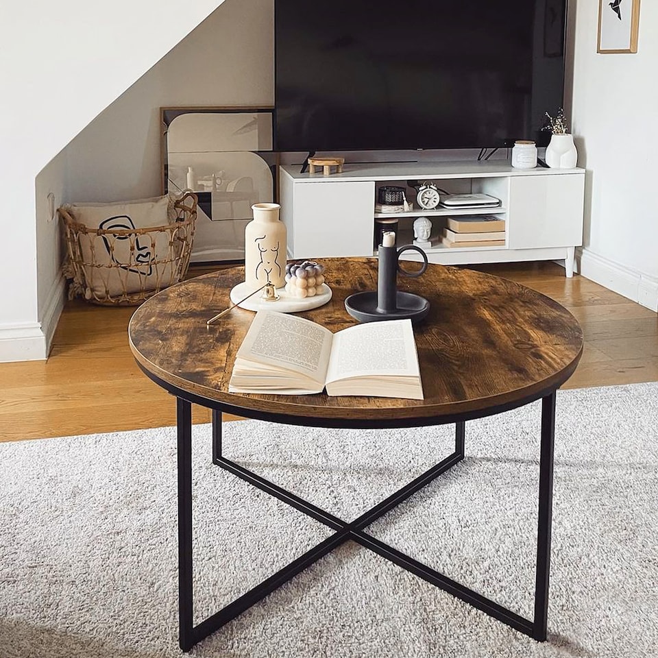 image 1 of HOMCOM Round Coffee Table, Industrial Side Table with Metal Frame, Large Coffee Tables for Living Room, Bedroom, Rustic Brown | Brown