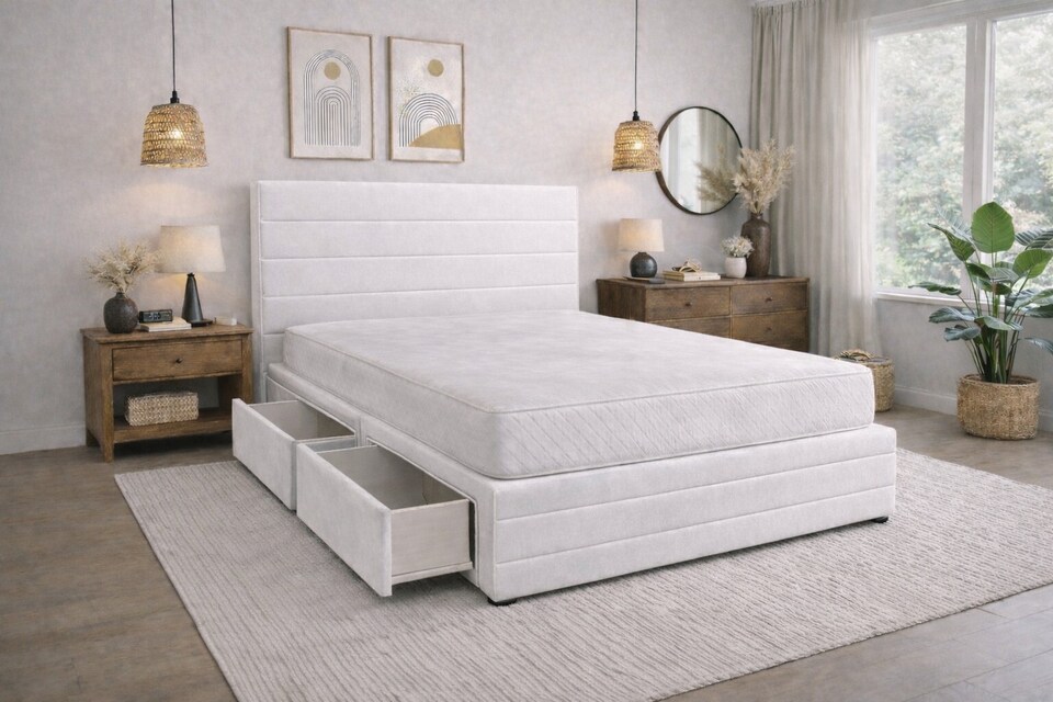 image 1 of Divan Bed Set Headboard and Footboard with Mattress 4ft Small Double White Suede Storage No Drawers