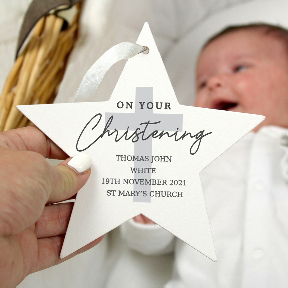 image 1 of Personalised On Your Christening Wooden Star Decoration