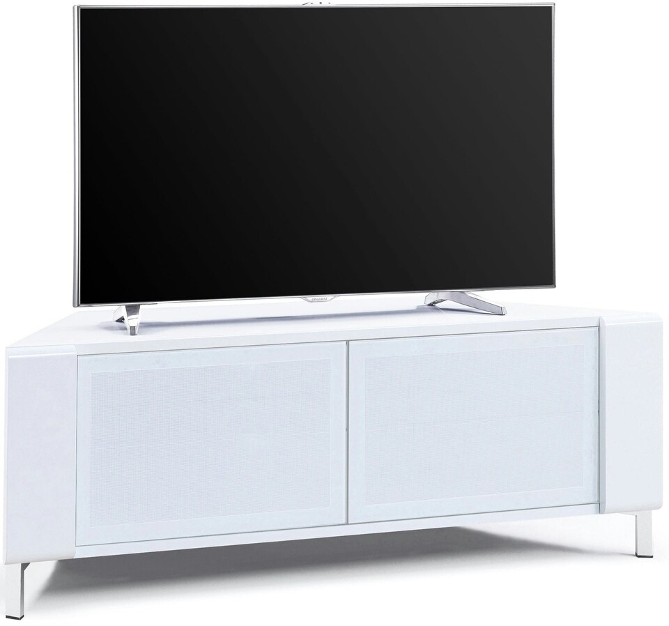 image 1 of MDA Designs CORVUS Corner-Friendly Gloss White Contemporary Cabinet with White Profiles White BeamThru Glass Doors Suitable for Flat Screen TVs up to 50" | White | 1