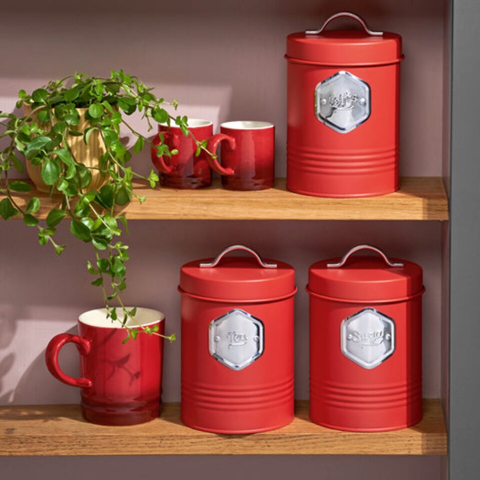 image 1 of Cooks Professional 3 Piece Kitchen Storage Set – Tea, Coffee & Sugar Cannisters | Red | Red & Silver