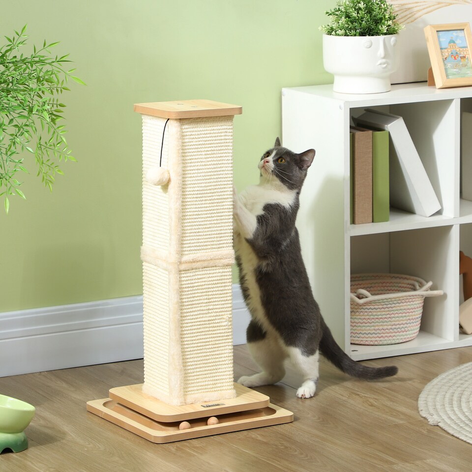 image 1 of PawHut 3-in-1 Cat Scratcher Post with Sisal Track Ball Toy, Light Oak