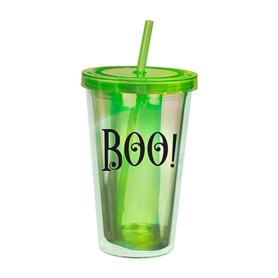 Boo Green Holographic Halloween Plastic Tumbler with Straw 500ml