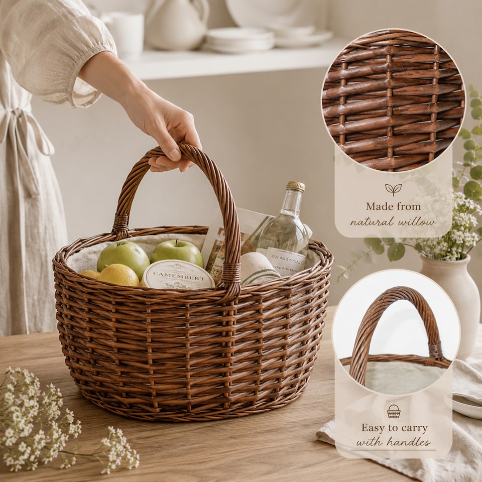 image 1 of Wickerfield Wicker Picnic Shopping Basket with Handle and Built-in Liner (Large)