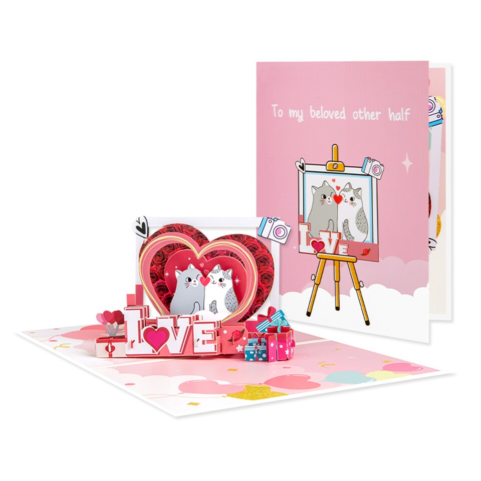 image 1 of Romantic Cats in Heart Frame LOVE Design 3D Pop Up Greeting Card