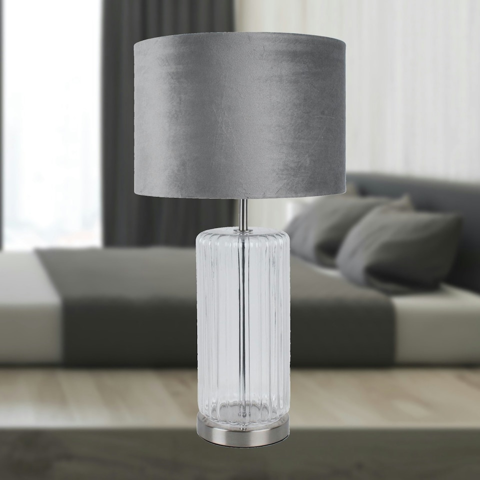image 1 of First Choice Lighting Clear Fluted Glass Lamp with Grey Velvet Shade Chrome | Grey