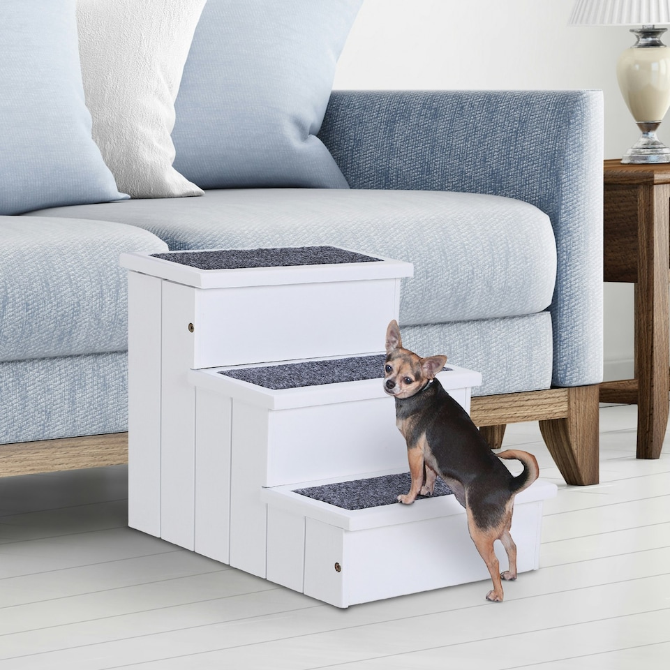 image 1 of PawHut 3 Step Wooden Dog Steps Pet Stairs Cat Ladder for Bed with Storage White