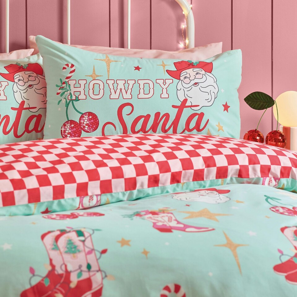 image 1 of Catherine Lansfield Santa's Howdy Christmas Reversible Duvet Cover Set Green | Green | Double