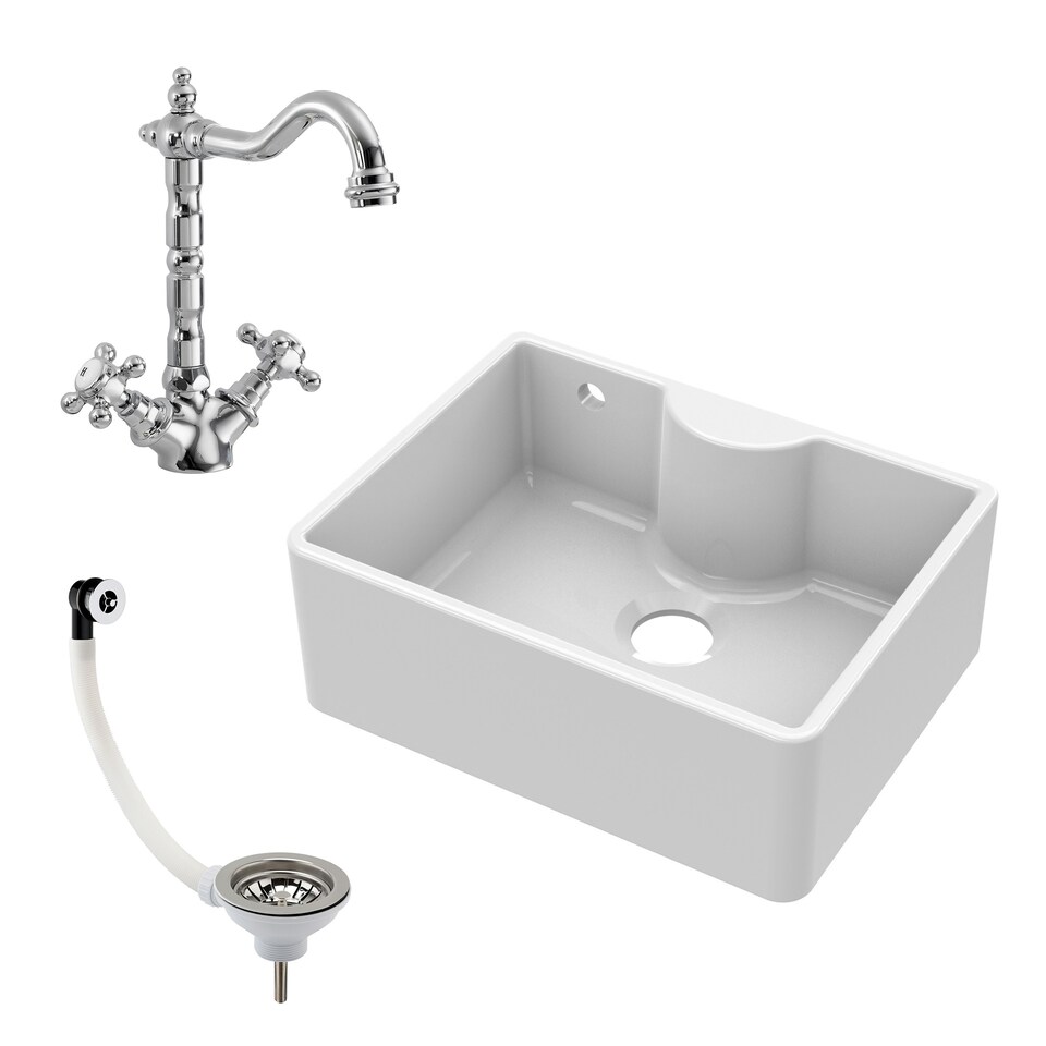 image 1 of 595mm - 1 Bowl Fireclay Butler Kitchen Sink - Tap Ledge, Overflow, Classic Tap & Waste