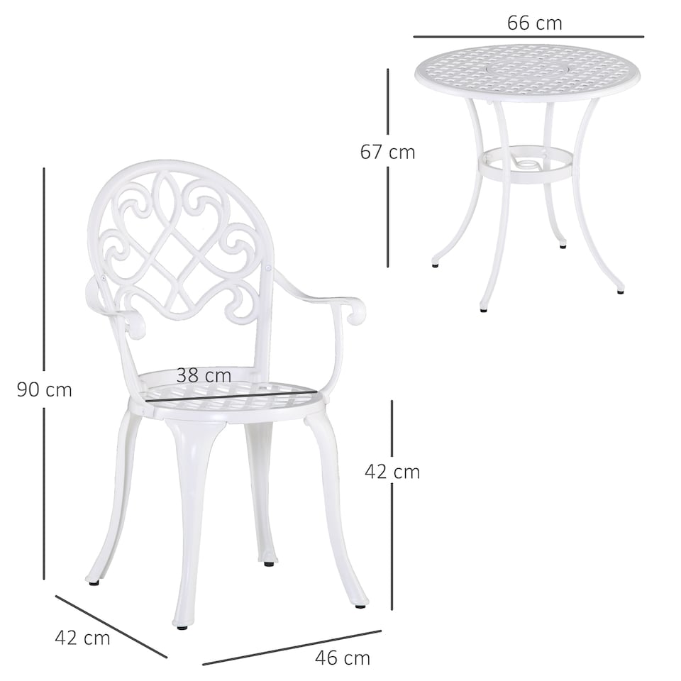 image 1 of Outsunny 3PCs Garden Bistro Set Cast Aluminium Round Table with 2 Chairs White